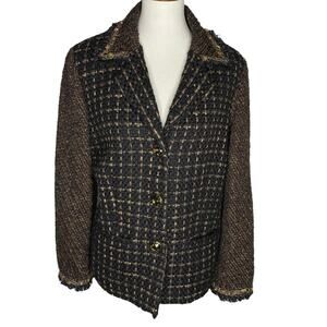 Chico's Metallic Tweed Plaid Blazer Brown Beaded Fringe Large 12  Boho Academia